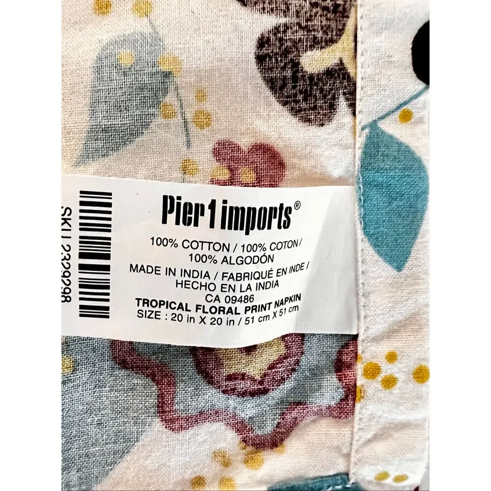 Pier 1 Imports 100% Cotton Napkins Tropical Floral Print Colorful Set of 4 NWT